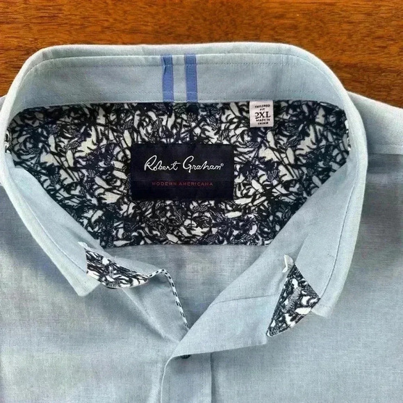 Robert Graham “Peterson” Lt. Blue Short Sleeve Button Up Linen/Cotton Shirt 2XL - Picture 9 of 12